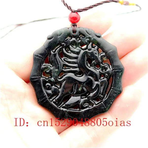 Natural Black Green Chinese Jade Horse Pendant Necklace Obsidian Charm Jewelry Double-sided Hollow Carved Amulet Gifts for Women | Украшения