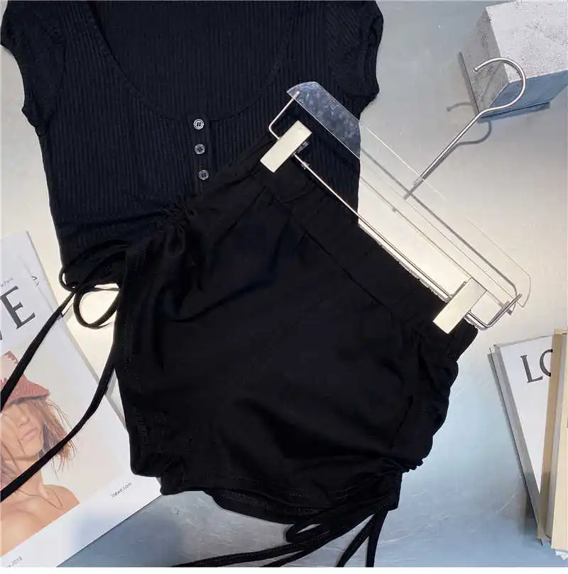 

DEAT 2021 New Summer Fashion Casual Tight Short Sleeve T-shirt Drawstring High Waist Hot Two Piece Set Women SK521