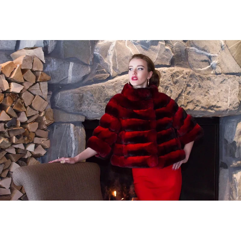 FURSARCAR 50cm Short Fashion Chinchilla Fur Jacket Women 2021 Natural Real Rex Rabbit Fur Coat Winter Outwear With Collar