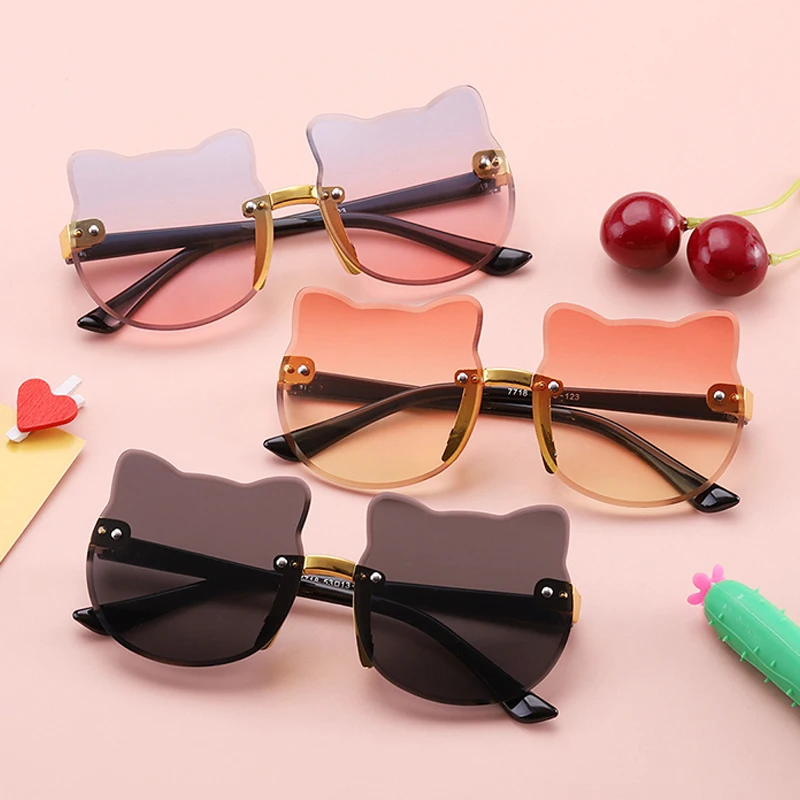 

Детские солнцезащитные очки без оправы, винтажные милые очки с кошачьими ушками, с милым украшением, для девочек и мальчиков