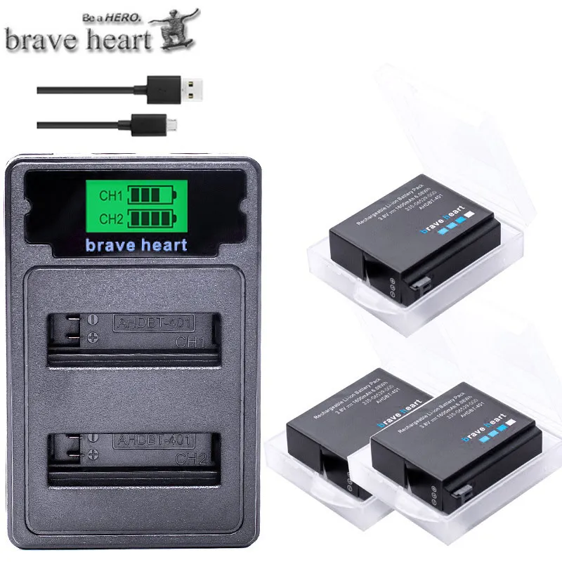 charger and 3battery Hero 4 hero 4 батарея+ lcd USB двойное зарядное устройство для Gopro hero 4 батареи Go Pro hero 4 bateria AHDBT 401 аксессуары для экшн-камеры - Цвет: charger and 3battery