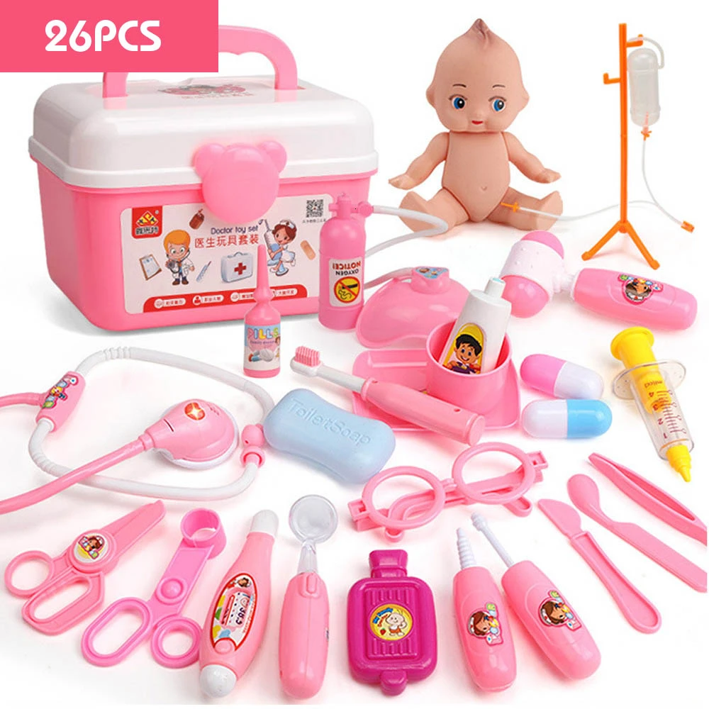 26PCS Pink 21-39 шт., детские игрушки для ролевых игр, набор для доктора, медицинский набор для моделирования с портативным чемоданом, игрушки для ролевых игр для девочек, инструмент для зубного врача - Цвет: 26PCS Pink
