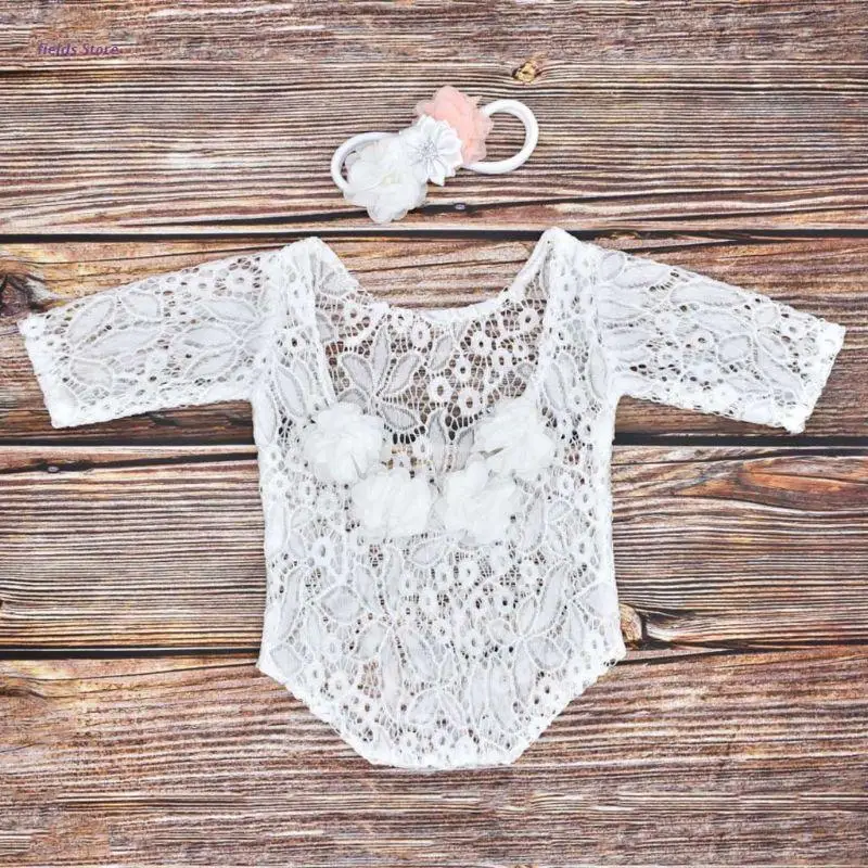 

XX9E Baby Infants Lace Romper Jumpsuit+Pearl Headband Set Photo Shooting Accessories