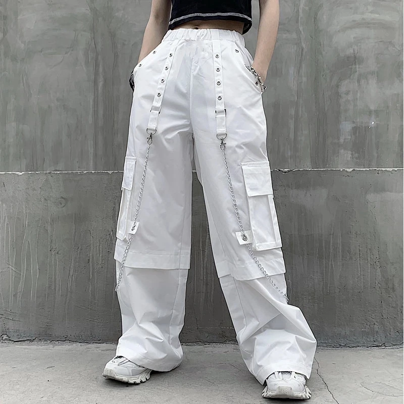 

HOUZHOU Mall Goth White Cargo Pants Women Gothic Harajuku Hippie Streetwear Chain Punk Loose Pants Baggy Oversize Korean Style