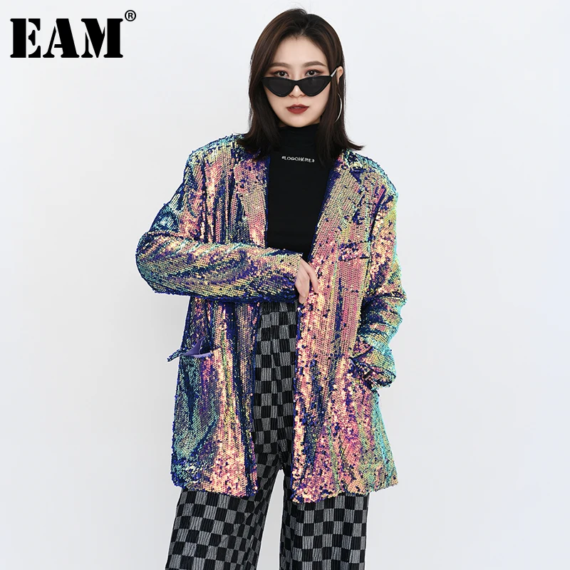 

[EAM] Свободная синяя Повседневная куртка с блестками, большой размер, Новое Женское пальто с отворотом и длинным рукавом, модная демисезонна...