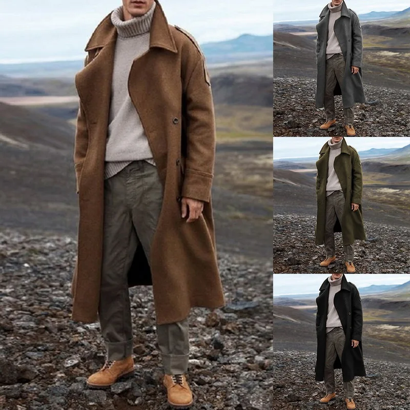 

2021Khaki Windbreaker Classic Autumn and Winter Long Men's Casual Loose Over-the-knee Men's Coat Streetwear Jacket S-2XL