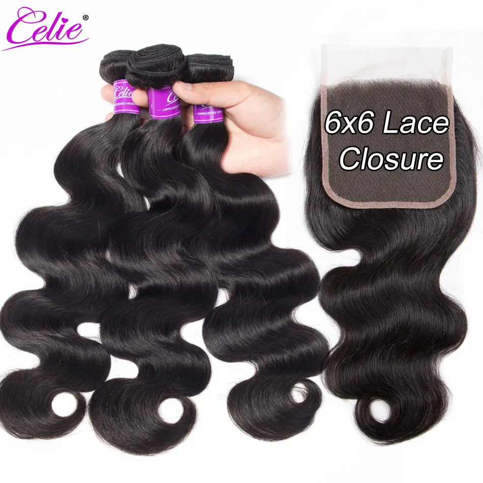 Ali волос бразильские волнистые волосы пряди с закрытием 6x6 Кружева Закрытие Remy