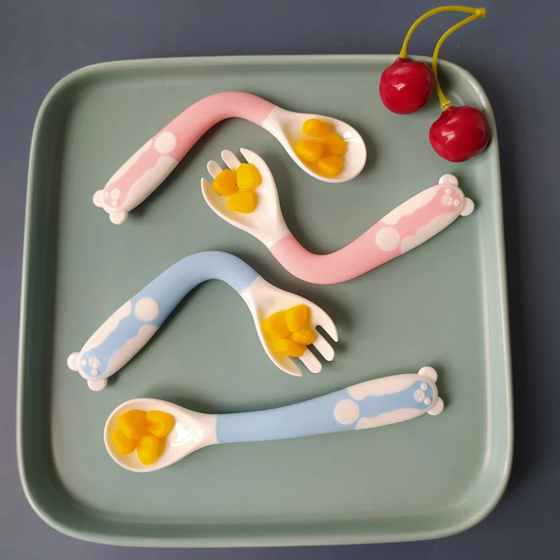 2 Pcs/Set Cute Cartoon Food Grade PP Baby Spoon Tableware Bendable Baby Utensil Spoon Fork Feeding Dishware Set