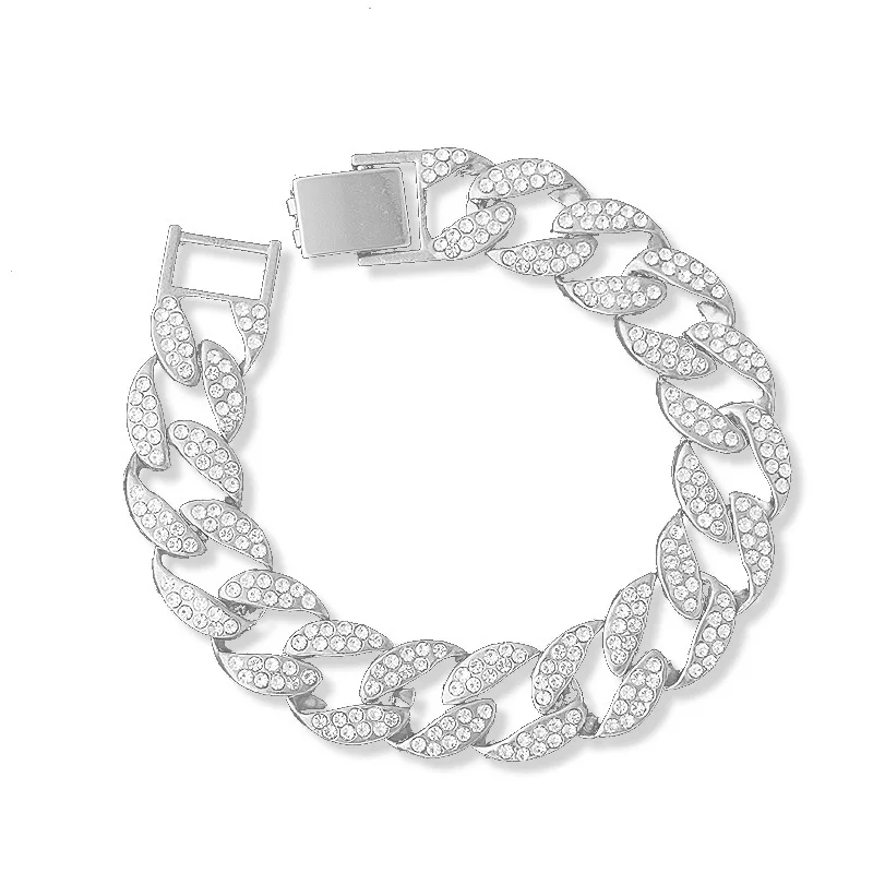 

Wholesale Personality Hip-hop Rap Full Diamond Cuban Chain Bracelet Men and Women Hiphop Trend Nightclub Accessories Bracelet