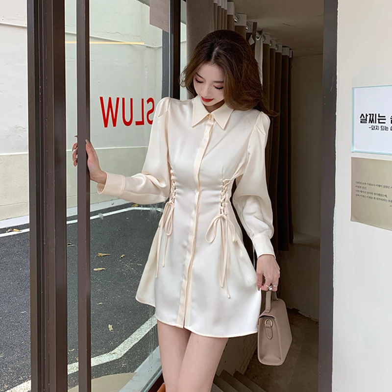 

Traf long-sleeved single-breasted polo collar frenulum waist design dress 2022 spring autumn new Gentle solid color short skirt