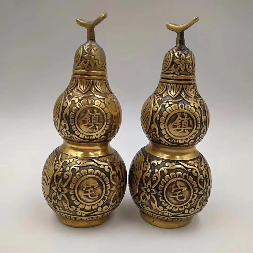 

China Yellow Copper Bottle Gourd Gossip Statue One Pairs