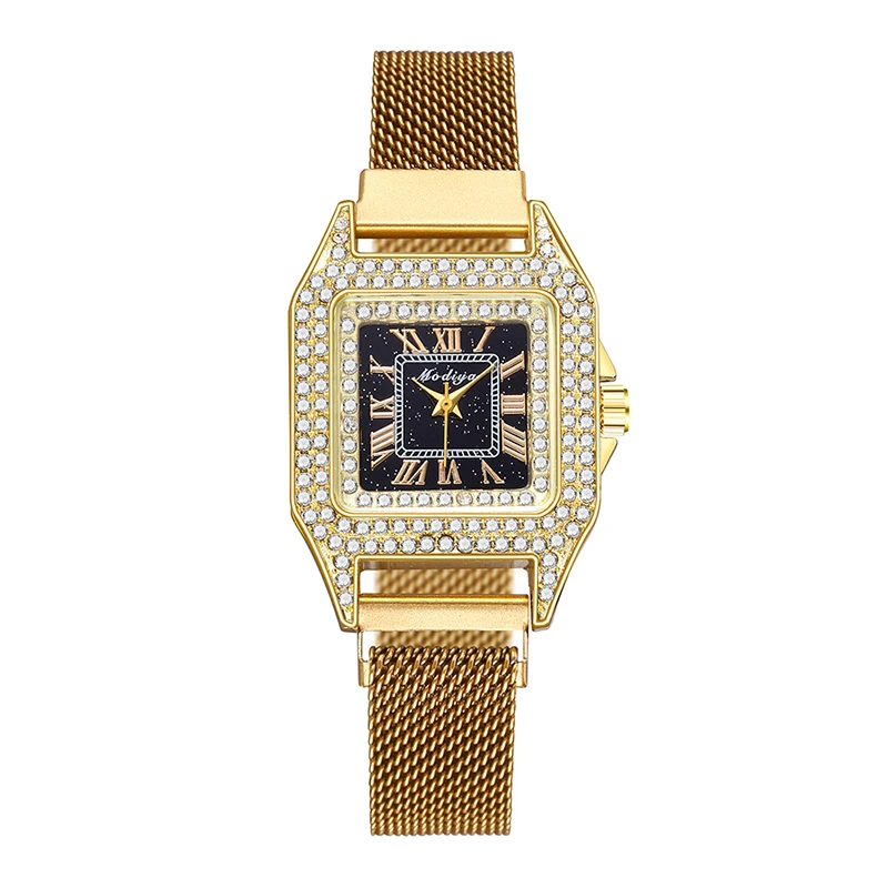 Квадратные бриллиантовые женские часы с магнитным сетчатым ремешком люксовый
