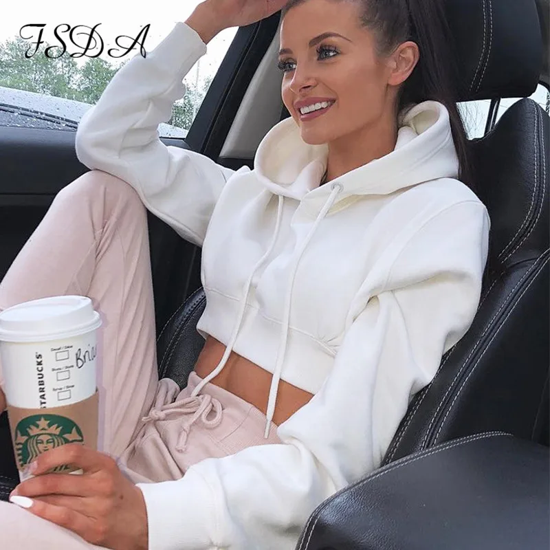 Белая женская укороченная Толстовка FSDA с длинным рукавом черный осенний