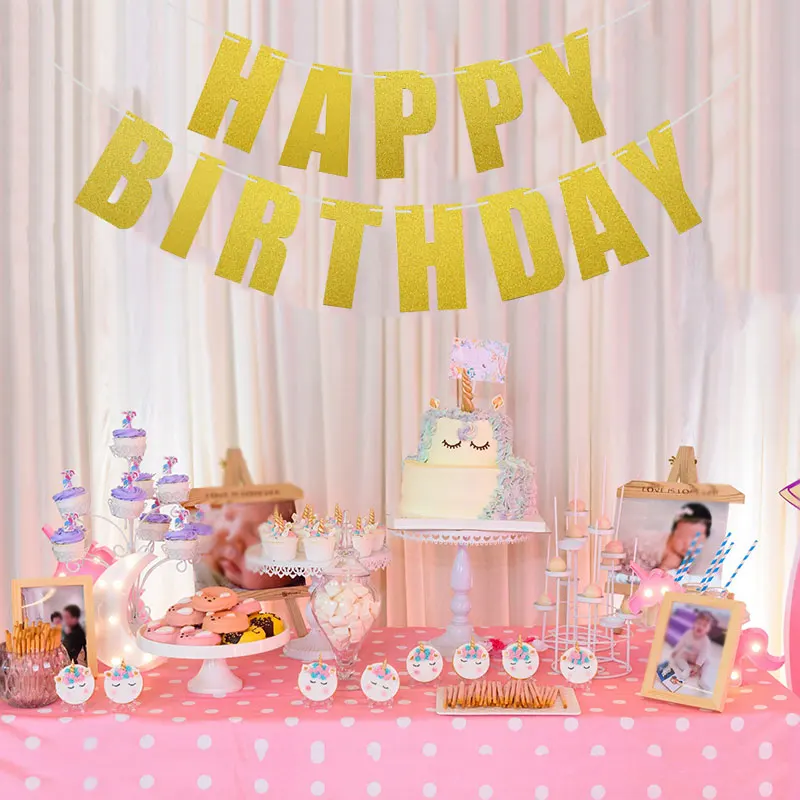 Kids Adult Happy Birthday Party Decoration Gold Silver Pink Flags And Banners Wall Hanging Bunting 1st | Дом и сад
