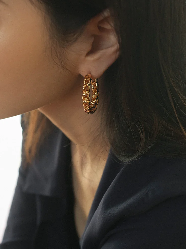 

Brass With 18K Gold Twist Hoop Earrings Women Jewelry Punk Party T Show Gown Runway Rare Top Korean Japan INS Trendy