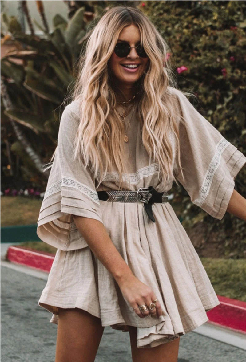 Платье женское в стиле бохо винтажное кружевное льняное хлопковое мини-платье