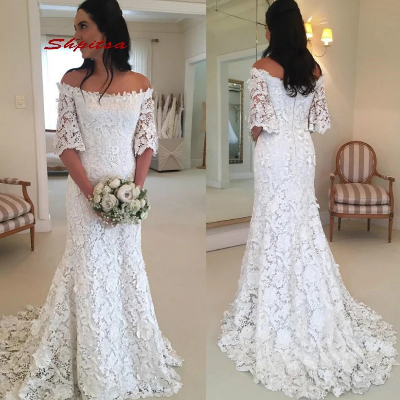 

Sexy Lace Mermaid Wedding Dresses Plus Size Women White Ivory Flower Bride Bridal Dresses Wedding Gowns