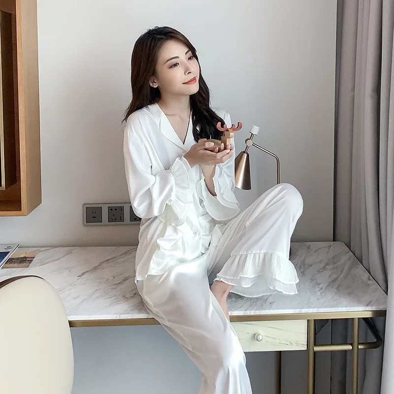

Women Sexy Lace Pajamas Brand Fashion Home Wear Spring Autumn High Quality Adult Pajamas Two-piece Ice Silk Long sleeve Pajamas