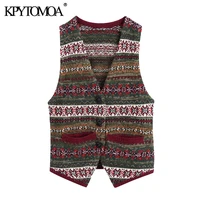 kpytomoa women 2021 fashion with buttons jacquard knitted vest sweater vintage v neck sleeveless female waistcoat chic tops