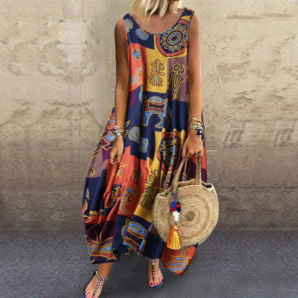 Женское платье Бохо больших размеров винтажное длинное макси без рукавов с