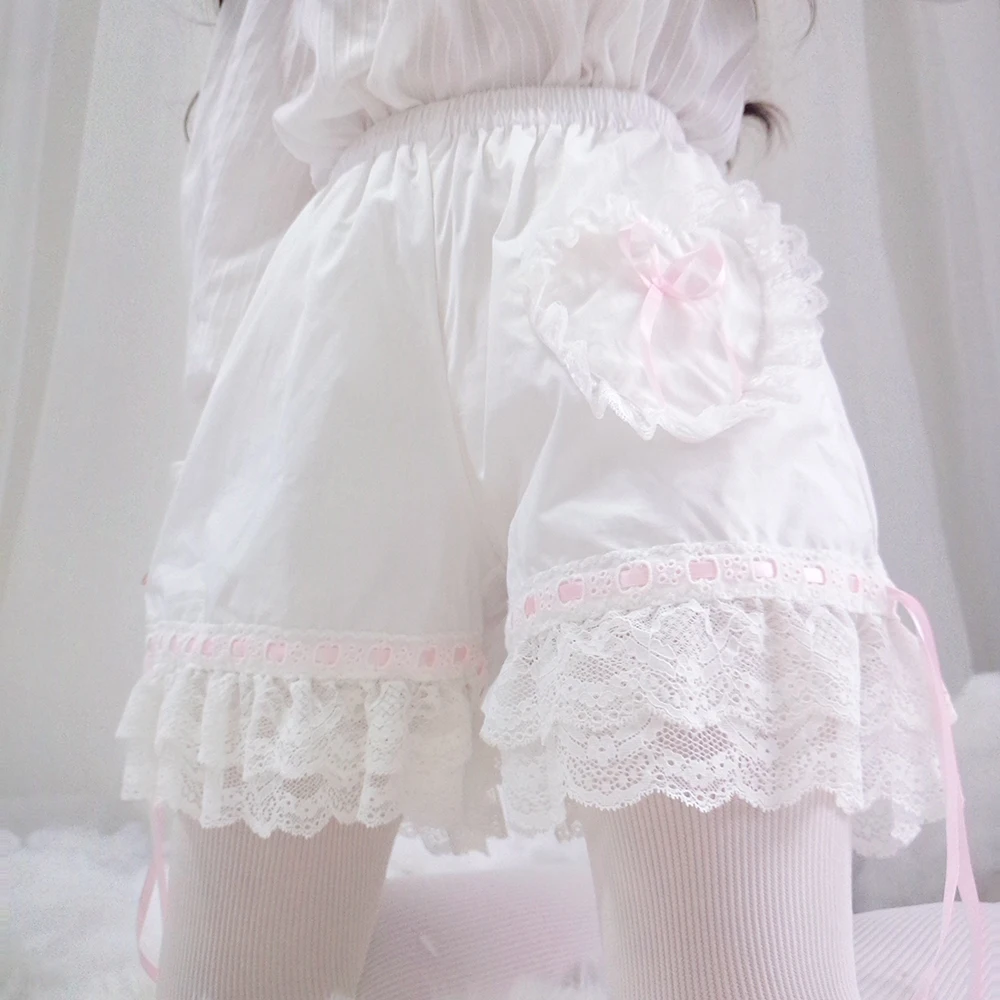 Heart Pocket White & Pink Cotton Bubble Pumpkin Shorts Lace Trim Cute Women's Girls Lolita Safety Underwear Shorts