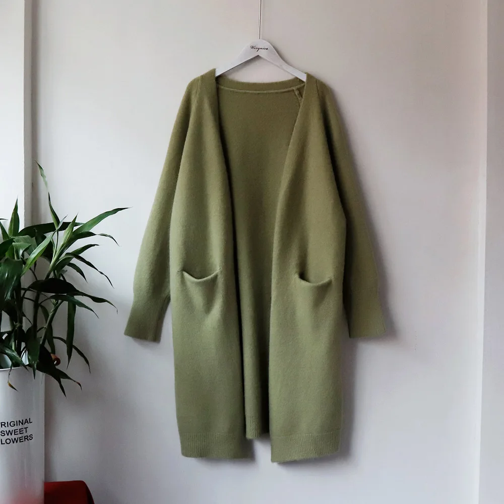 green Werynica, элегантный кашемировый женский кардиган, свободный, новинка, Осень-зима, высокое качество, кардиган, женская одежда с карманами, vadim - Цвет: green