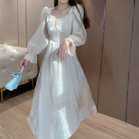 2021 womens new autumn dress sweet and cute small fresh style solid color waist slimming exposed clavicle puff sleeve dresses