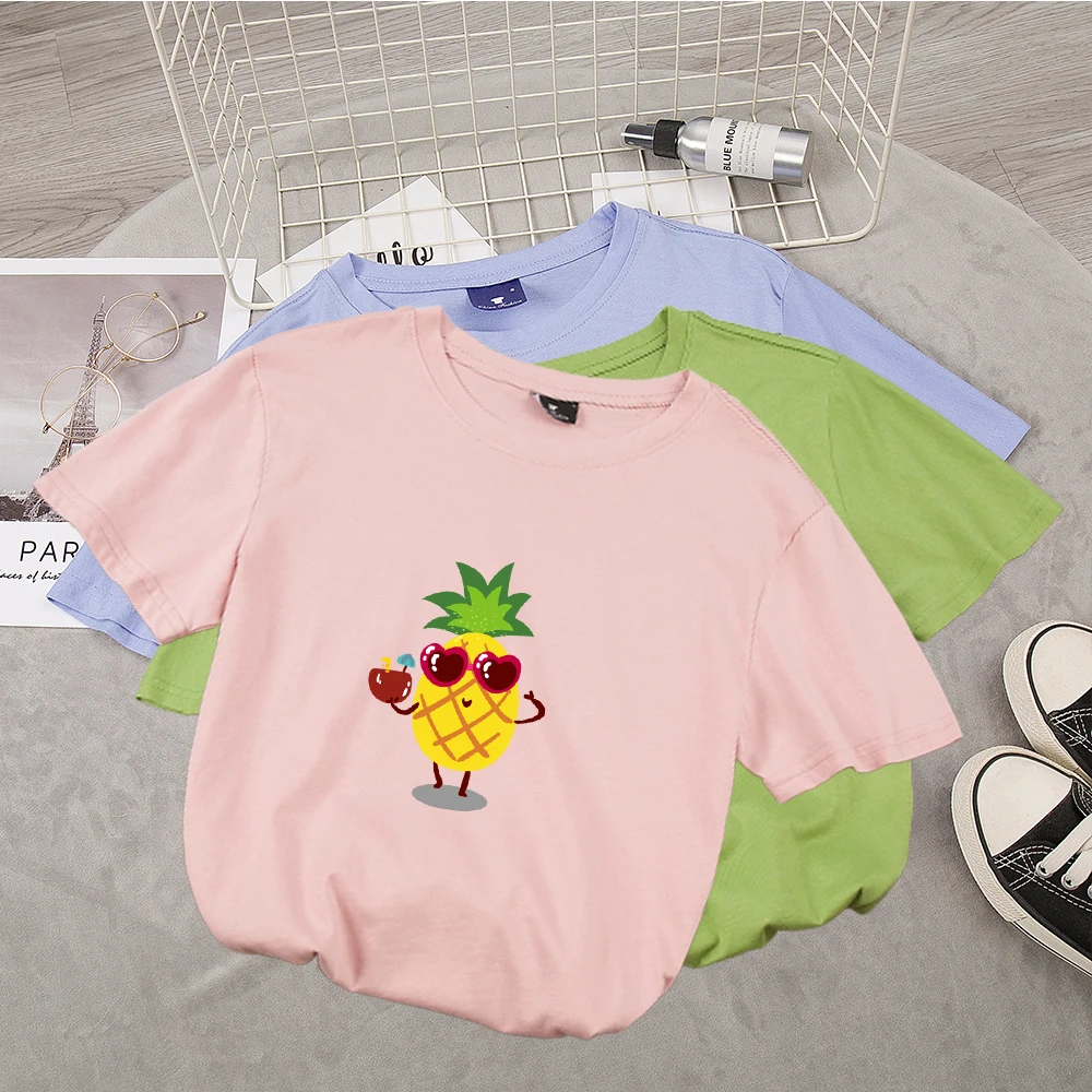 Женские летние футболки 2020 с принтом ананасов милые Мультяшные женские Ulzzang