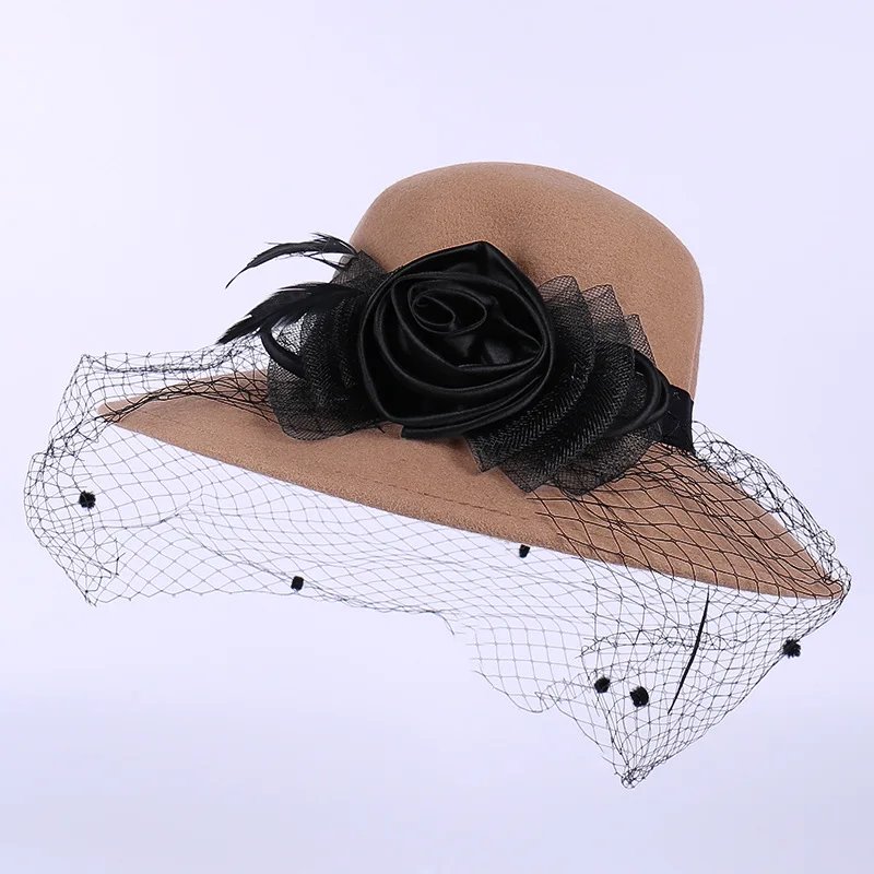 

2020 new pure wool ladies hats autumn and winter trend high-end fashion banquet lace mesh to flowers big eaves fisherman hat