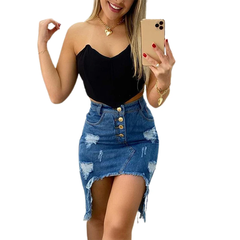 

Bodycon Denim Skirt Women Fashion Sexy Slim Fit High Waist Button Design Fringe Hem Ripped Skirt