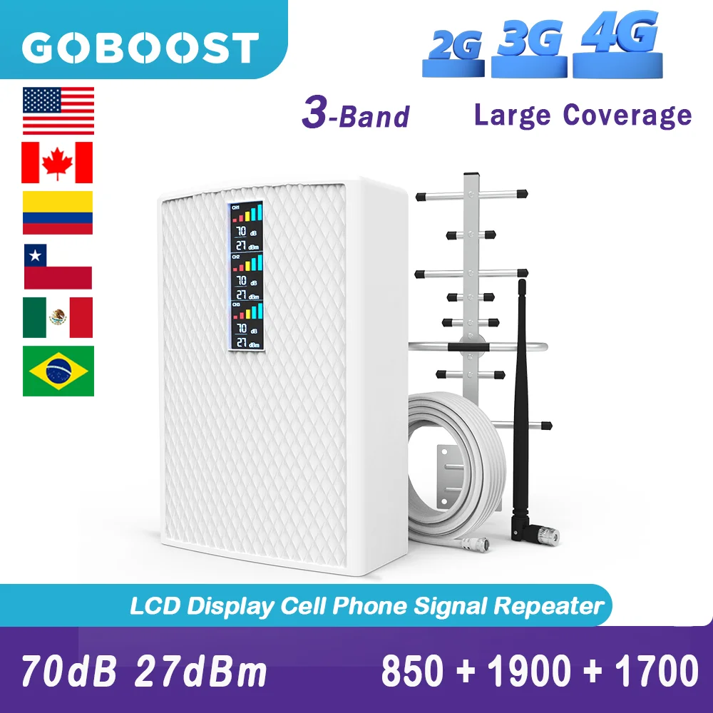 

GOBOOST Tri-Band 2G 3G 4G Network Booster 850 1900 LTE 1700 Phone 4G Amplifier 4G Antenna GSM Cellular Repeater A Full Kit
