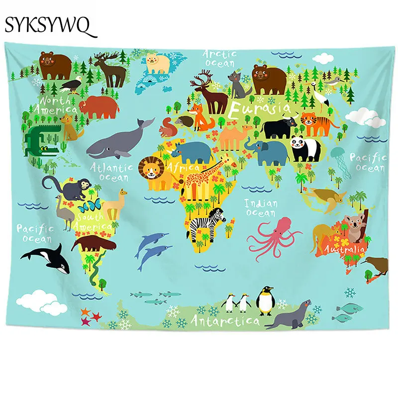 Настенный гобелен с картой мира настенный ковер изображением животных хиппи