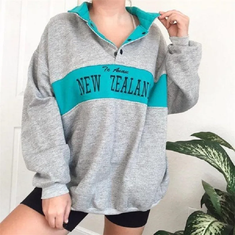 

Gray Letter Print Vintage New Zealand Oversized Sweatshirt Hoodies Women 2020 Autumn Casual Long Sleeve Pullovers Streetwear 3XL