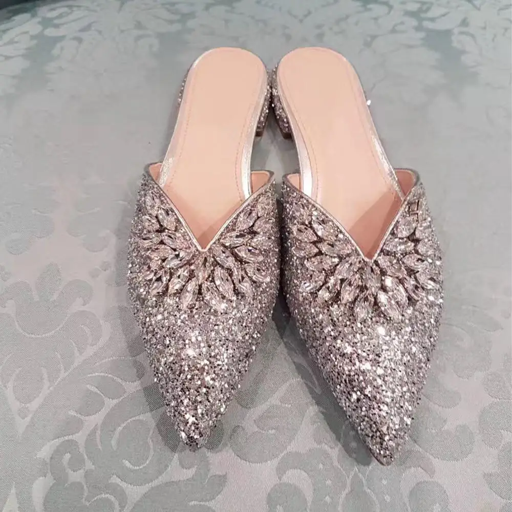 Шлепанцы kmeioo женские на плоской подошве летние блестящие туфли мюли заостренный