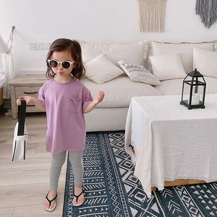 Летние простые однотонные Длинные футболки в Корейском стиле хлопковое