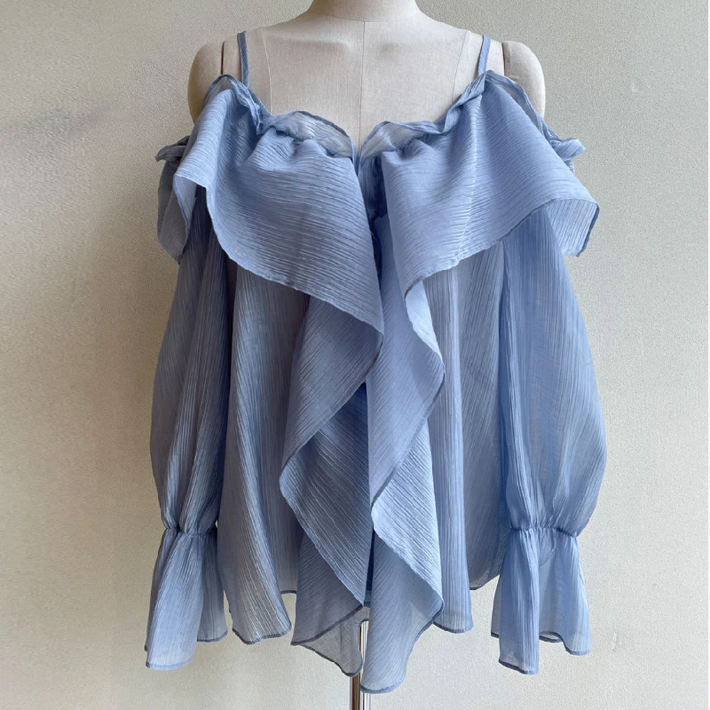 

CHEERART Ruffle Blue Long Sleeve Chiffon Summer Cami Top Women 2021 Korean Fashion Tanks Camis Designer Fashion Tops