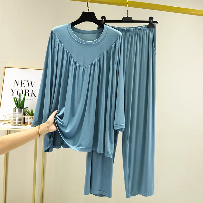 

Пижама из модала для женщин, свободная двухкомпонентная верхняя одежда большого размера с круглым вырезом, с длинным рукавом для отдыха сре...