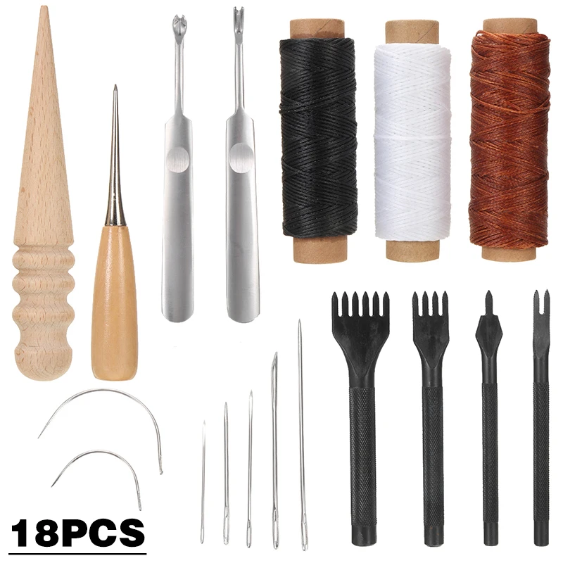 Juego de perforadores de costura, herramientas de mano para trabajo de cuero, Kit de artesan&iacute;a, costura a mano, tallado, sill&iacute;n de trabajo, 18 unids/set-0