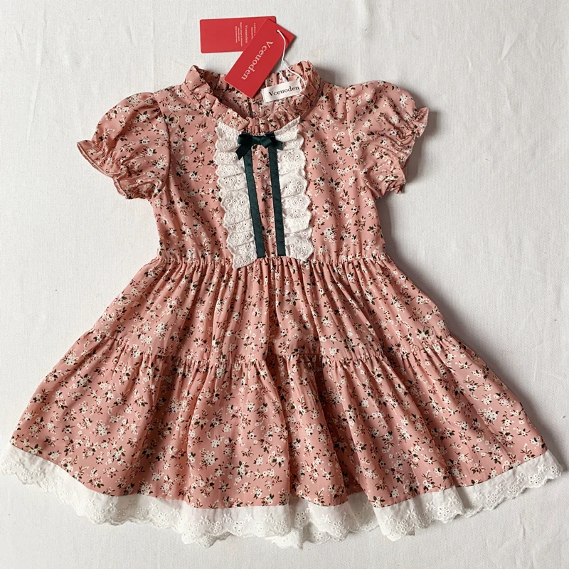 

Vceuoden Princess Dress Printed Floral Dress Girls Dress with Lace Ribbon Pink Flowers Dress for Girls 2-7 Years