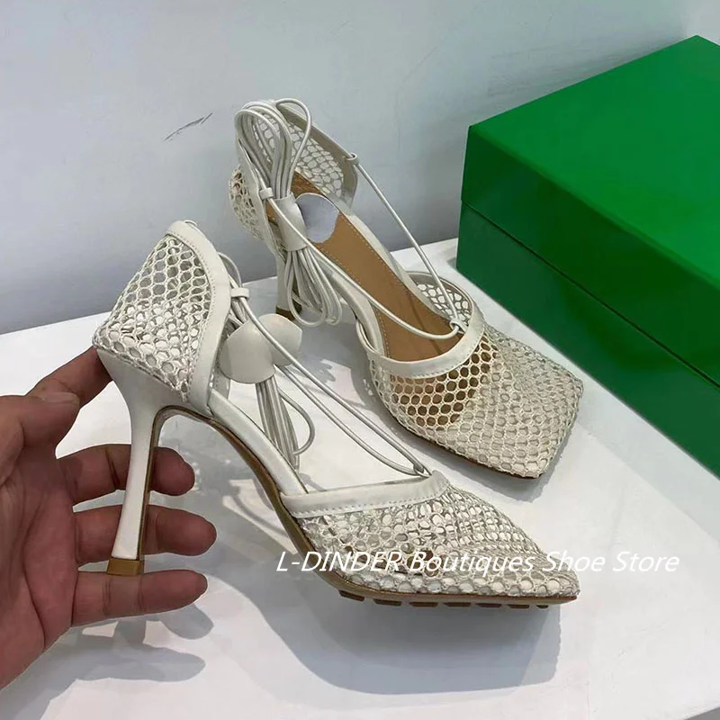 Jual L-DINDER Sandal Wanita Jaring Ungu Hak Tinggi Sepatu Pesta Perjamuan Kaki Persegi Lintas Terikat Sandal Liburan Kulit Asli Stiletto