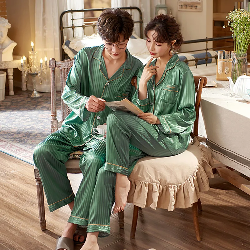 

Satin Couple Pajamas Suit Stripe Loose Sleepwear 2PCS Tops&Pants Sets Thin Rayon Home Wear Lovers' Nightwear Intimate Lingerie