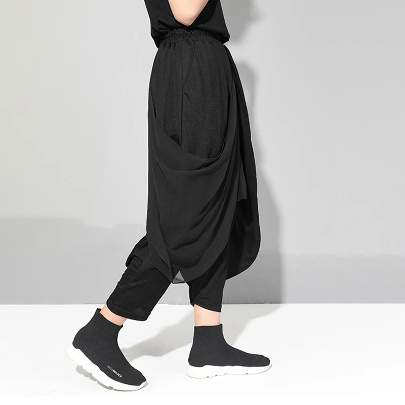 

CHICEVER Spring Casual Black Women Pants Elastic Waist Patchwork Irregular Pockets Ankle-Length Cross Pant Female Fashion 2020