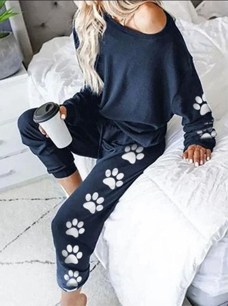 

Donsignet New Women's Suit Fashion Summer Loose Cat Paw Print Long-sleeved Casual Trousers Women's Suit