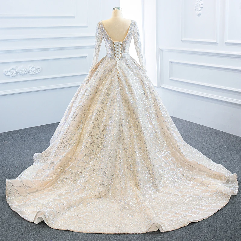 J67157 JANCEMBER Champagne Wedding Dress 2020 O Neck Long Sleeve Chest Strap Perspective Sequined vestidos de novia платья 2020