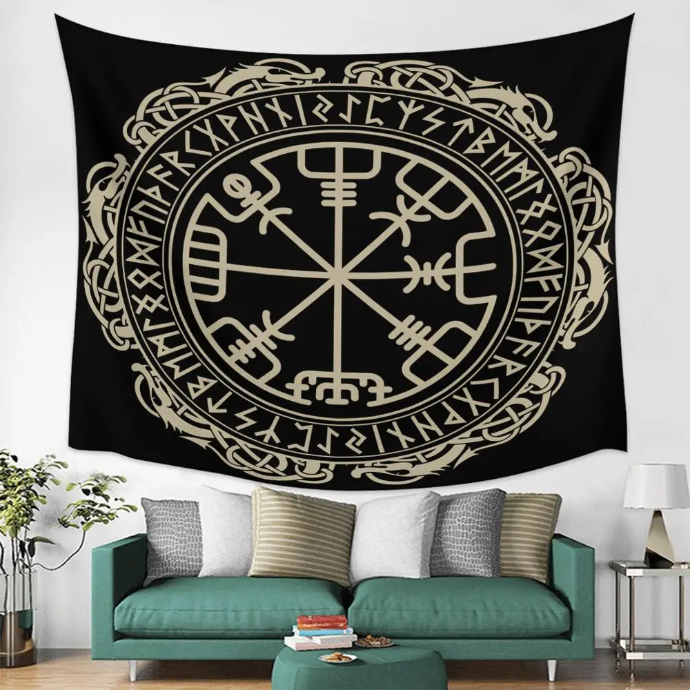 Гобелен Мандала домашний декор черный викинговый магический Рунический компас
