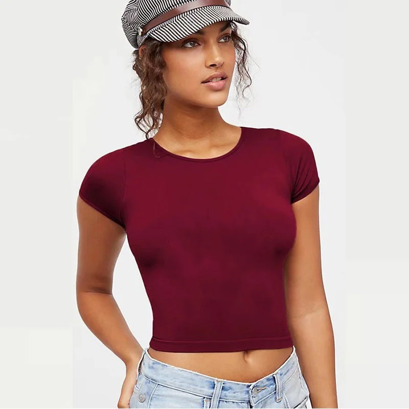 

2021 New Summer Women T-shirt Solid Color Short Sleeve Sexy Slim Short Type Sport Fitness Running Ladies Clothes