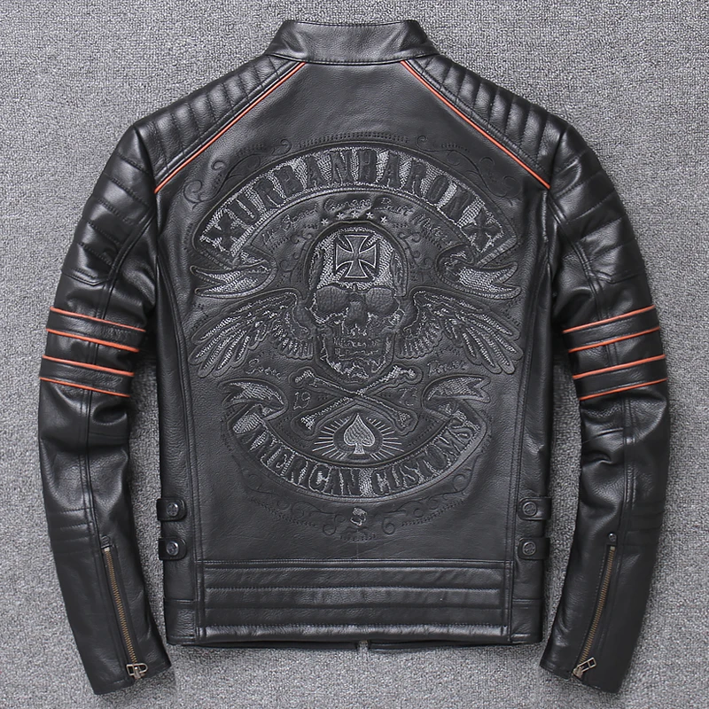 

shipping.DHL sales New Brand Free plus size black men skull Jackets men's genuine leather biker jacket.motorbiker coat