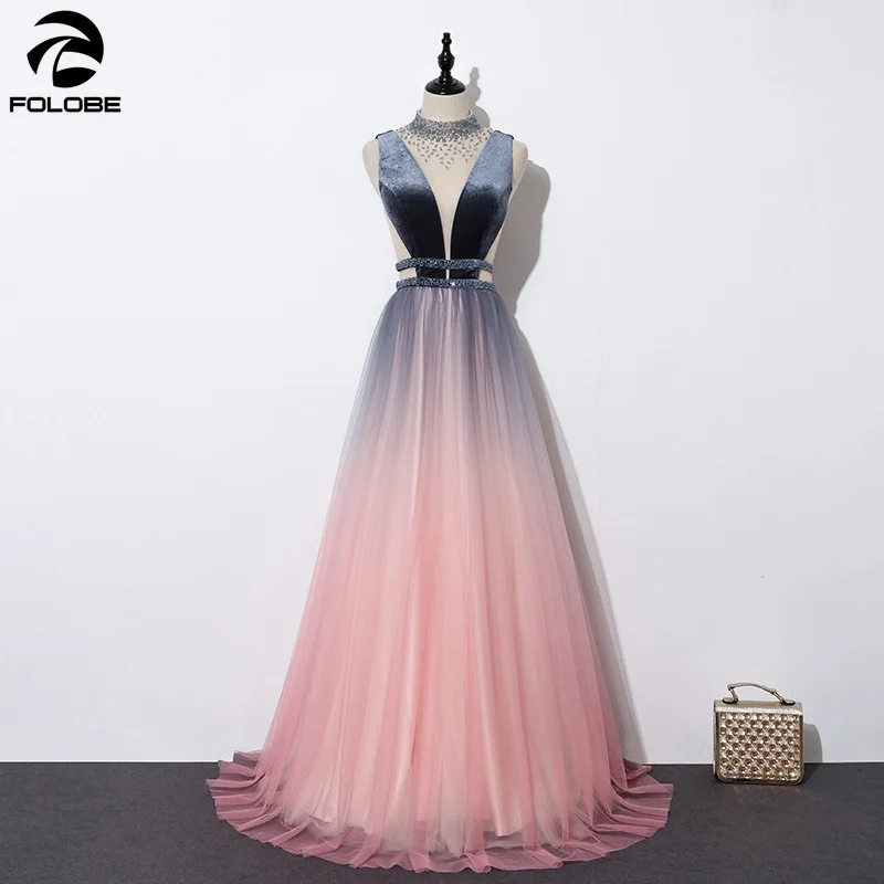 

2020 Elegant high neck gradient tulle prom dress a-line beaded lace-up back floor length women formal evening party dresses