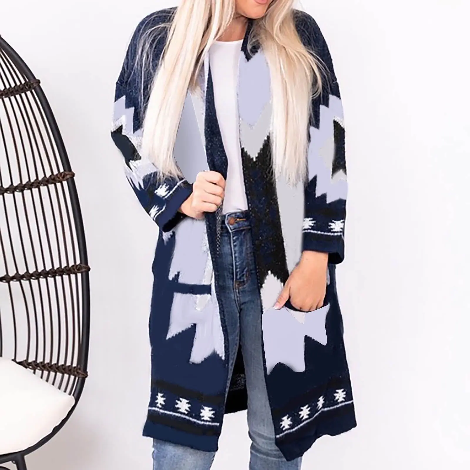 

Winter New Women Casual Wool Blends Woven Coat Abstract pattern print Cardigan Jacket Fashion Thin Loose Mid-length Woolen Coats