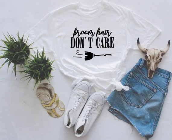 

Broom hair don't care t-shirt Halloween witch graphic women cute 90 girl young fashion slogan tees tumblr grunge top shirt- L033